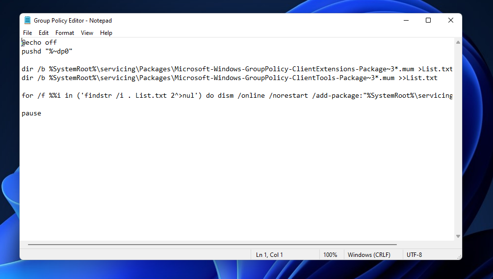 Group Policy Editor batch file enable gpedit windows 11