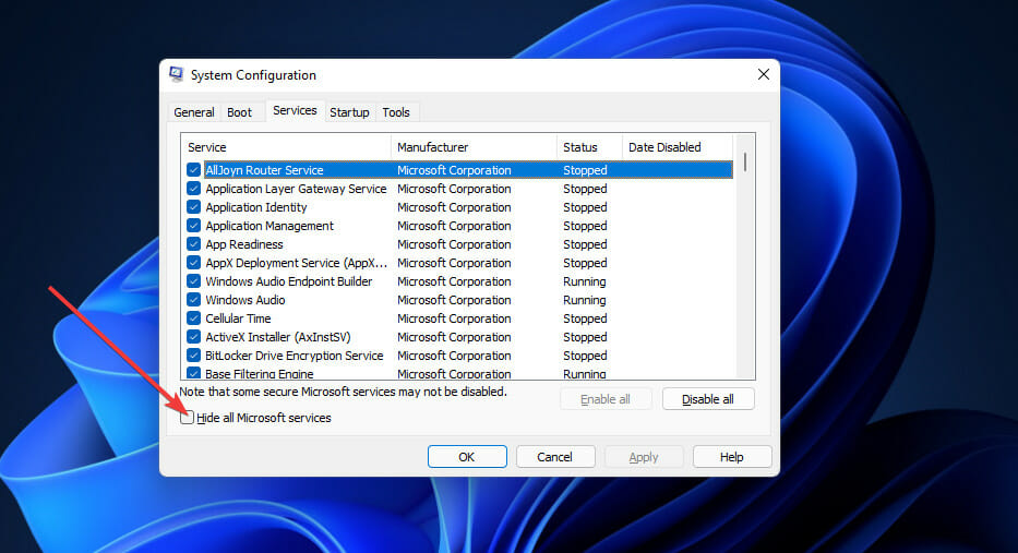 The Hide all Microsoft services checkbox windows 11 razer synapse failed to install