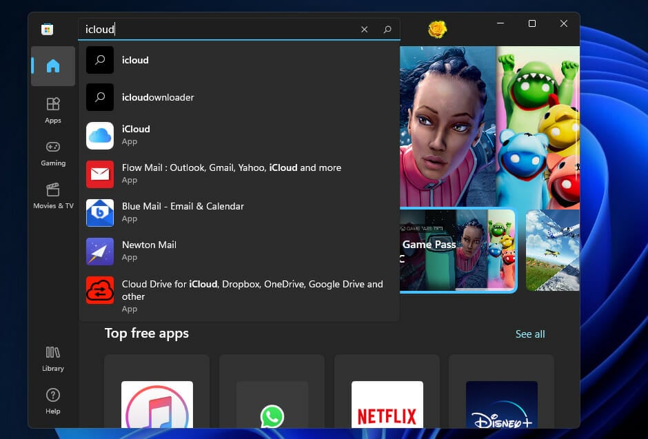 MS Store app windows 11 icloud
