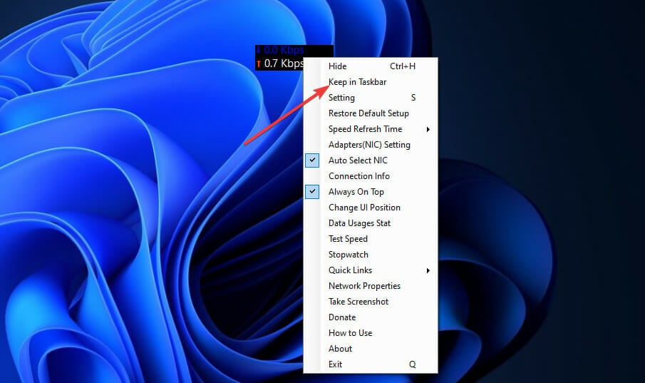Keep in Taskbar option windows 11 network speed monitor