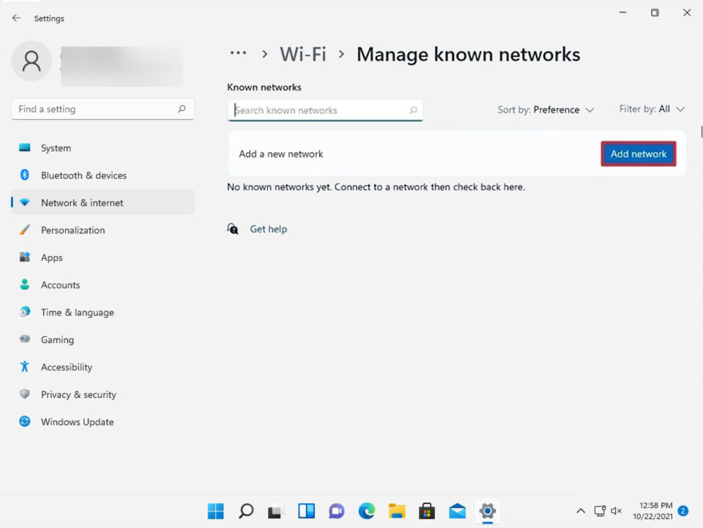 manage known networks add network windows 11