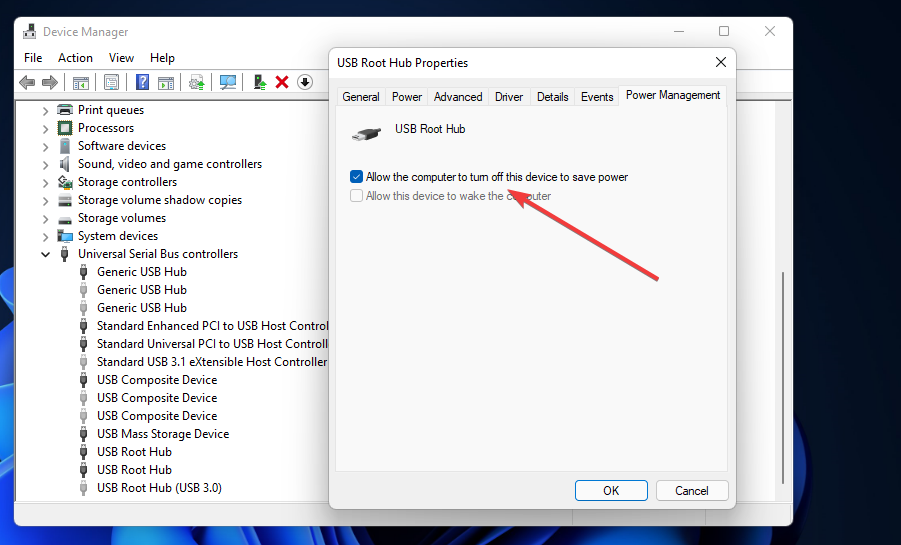 The Allow the computer to turn off this device checkbox windows 11 not recognizing usb