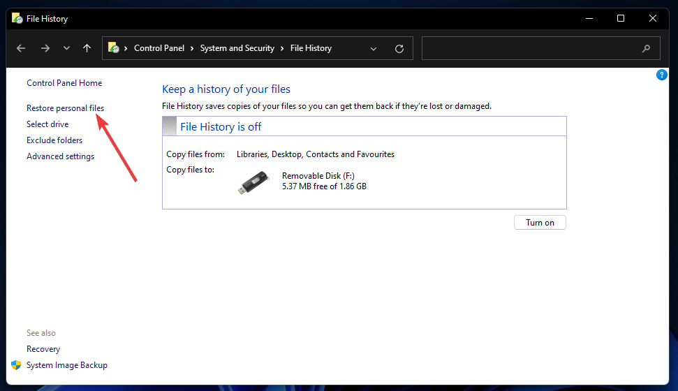 Restore personal files option windows 11 file history