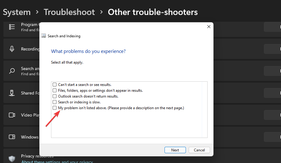 Search and Indexing troubleshooter windows 11 search indexing was turned off