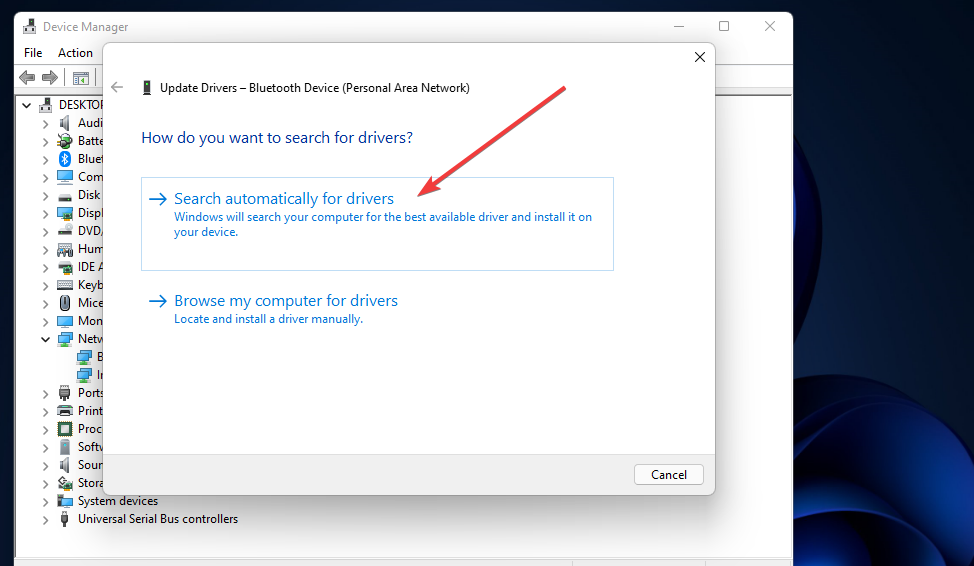 Search automatically for drivers option windows 11 network driver