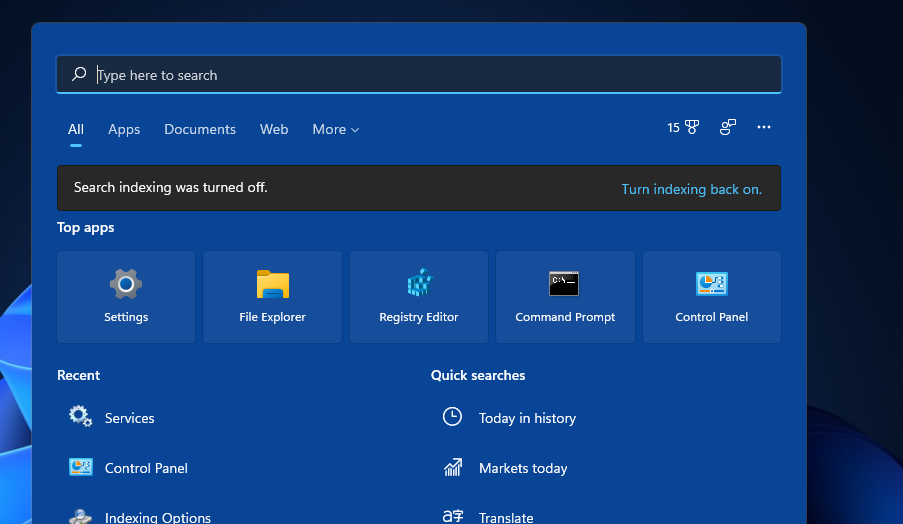 Search indexing was turned off error windows 11 search indexing was turned off