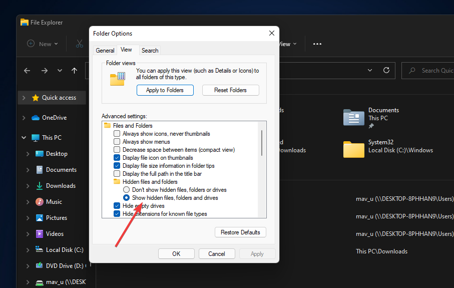 The Show hidden files, folders and drives option windows 11 search indexing was turned off