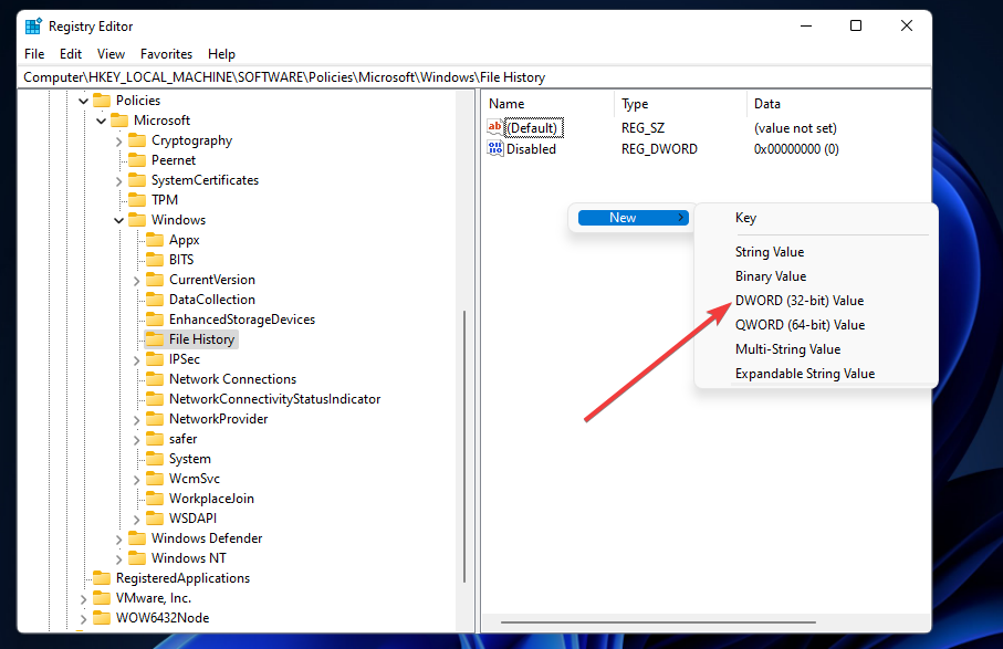 The DWORD Value option windows 11 file history