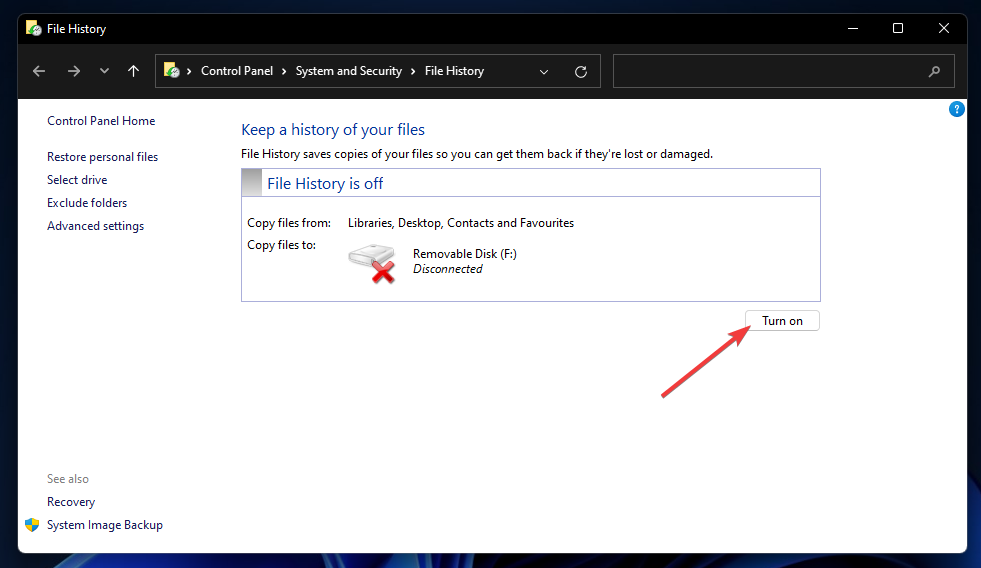 The Turn on option windows 11 file history