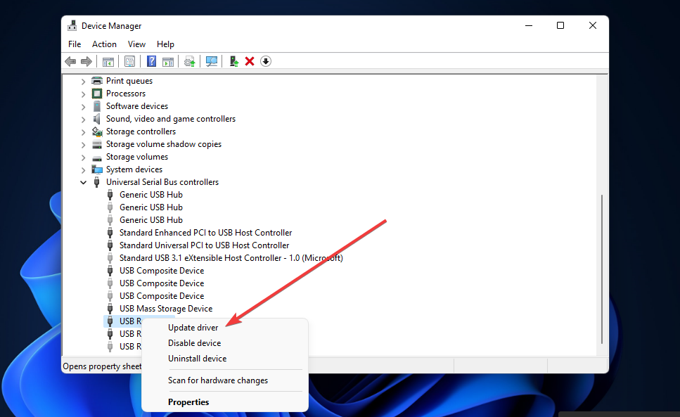 Update driver option windows 11 not recognizing usb