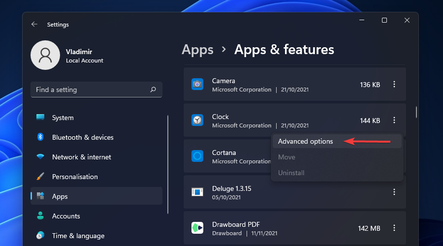 advanced options apps and features
