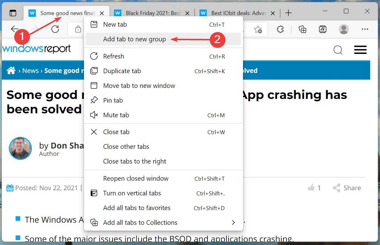 Add tabs to group in Microsoft Edge in Windows 11