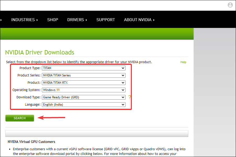 Search for Nvidia drivers