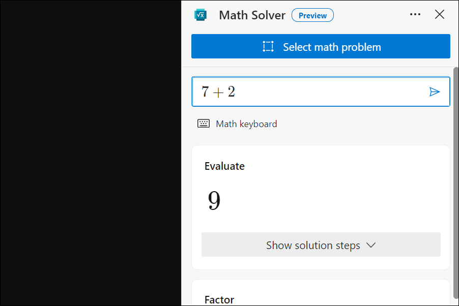 Math Solver in Microsoft Edge in Windows 11