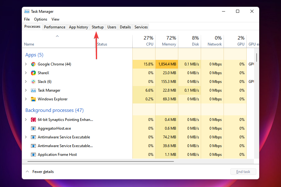 Startup tab in Task Manager