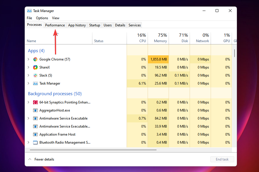 Network tab in Task Manager