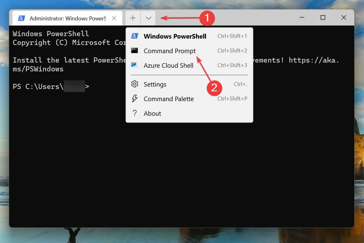 Open Command Prompt tab to fix hard drive missing issue in Windows 11 after update