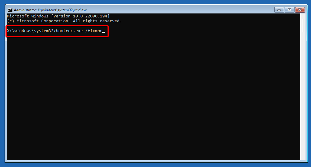 bootrec command exception on invalid file windows 11