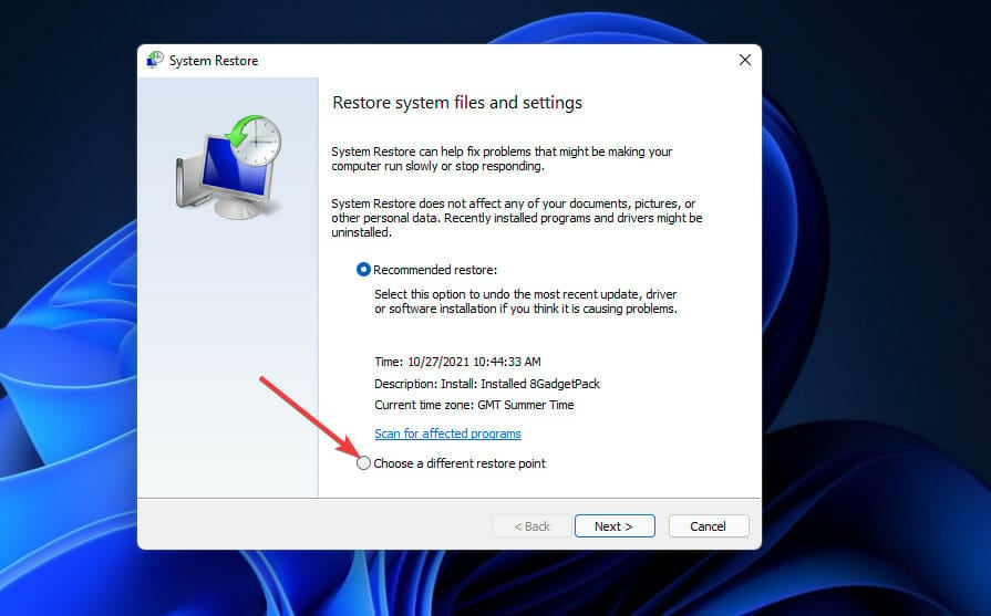 The Choose a different restore point option windows 11 action center not opening