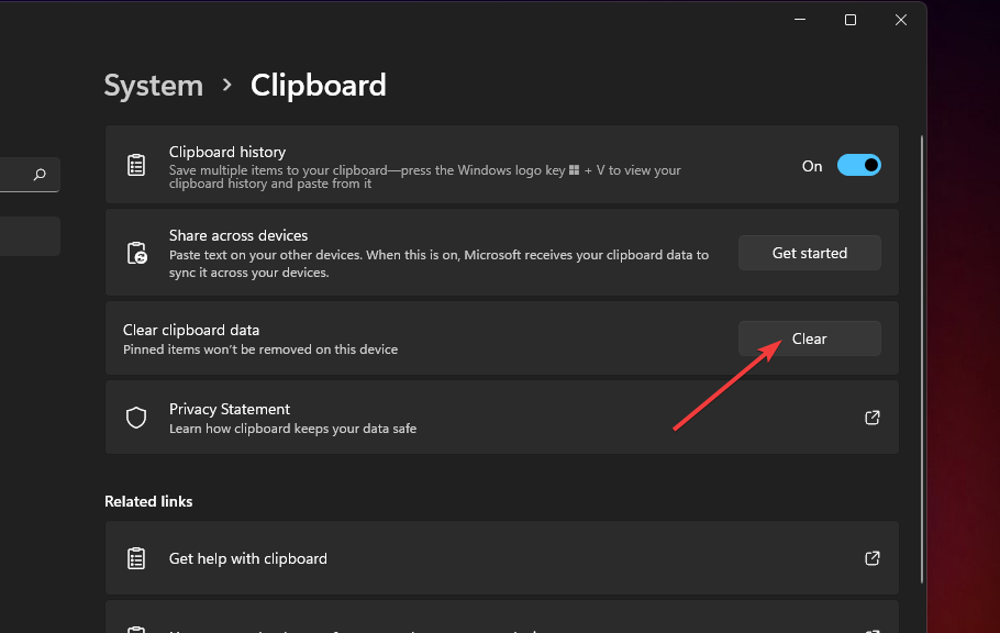 Clear button windows 11 clipboard history not working