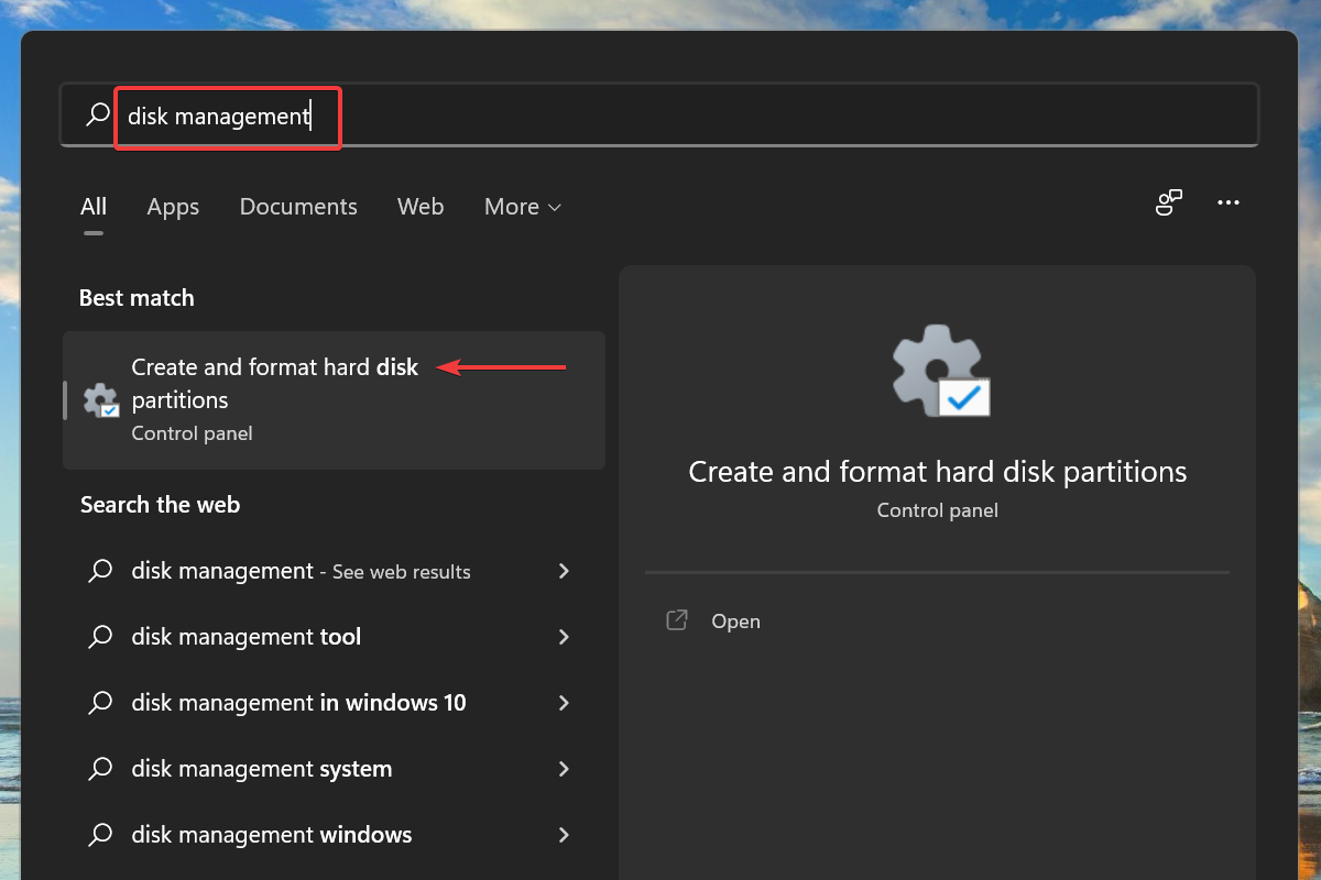 Launch Disk Management to fix hard drive missing issue in Windows 11