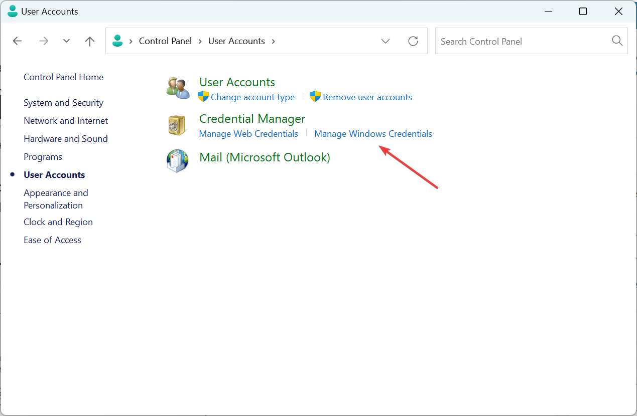 manage Windows credentials to fix enter network password outlook