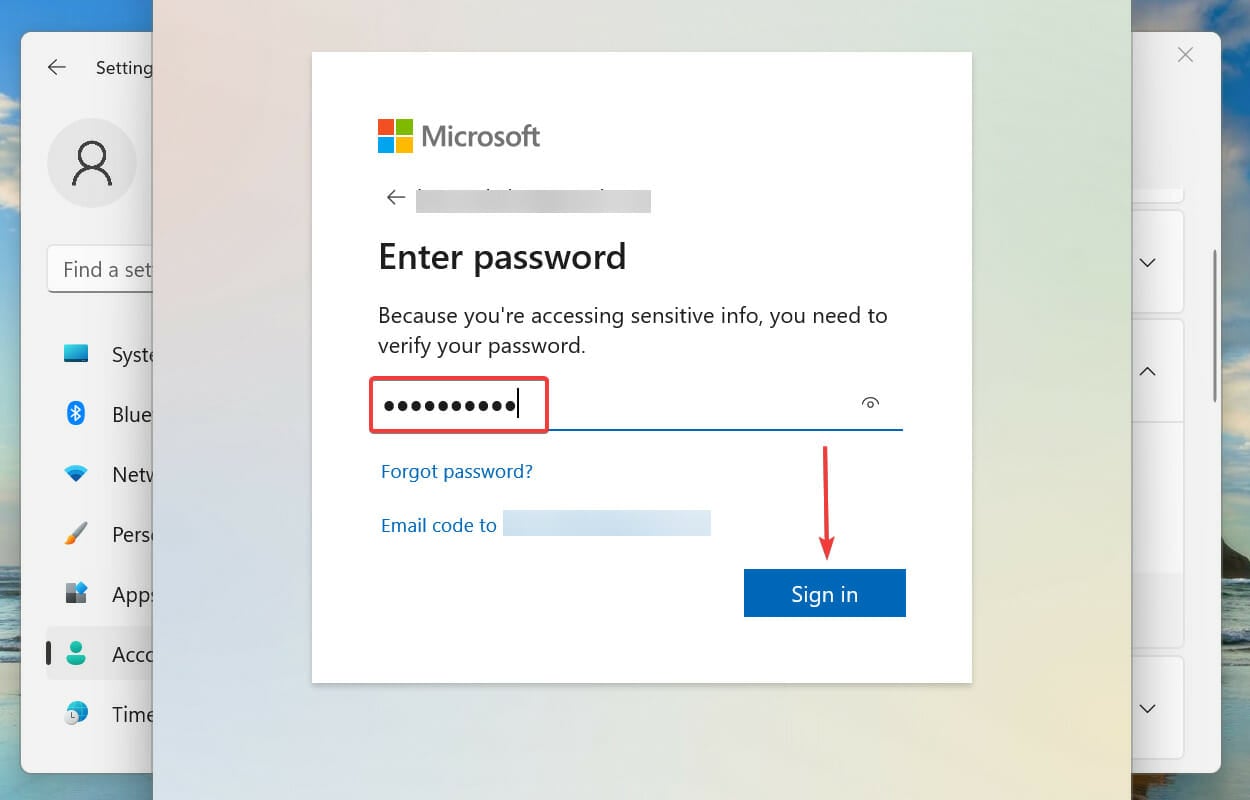 Verify Microsoft account password to remove pin in Windows 11