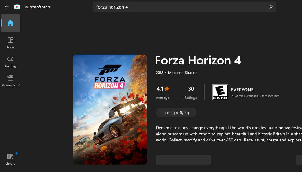 Forza Horizon 4's MS Store page forza horizon 4 not working windows 11
