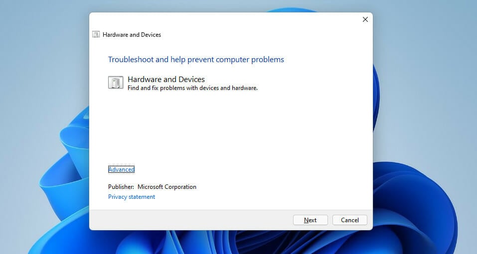 Hardware and Devices troubleshooter Windows 11 touch screen not working