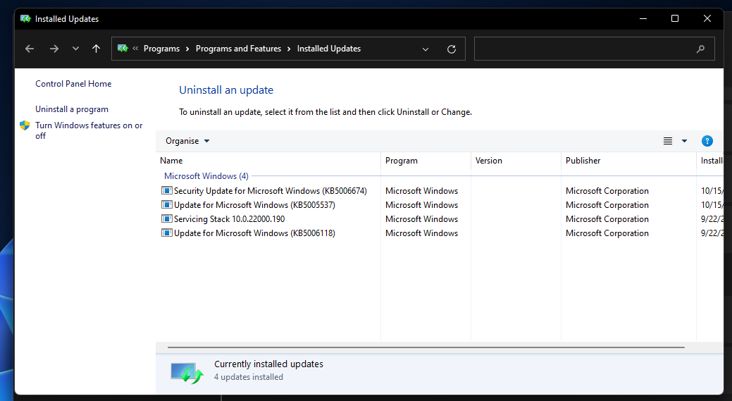 The Installed Updates applet inaccessible_boot_device windows 11