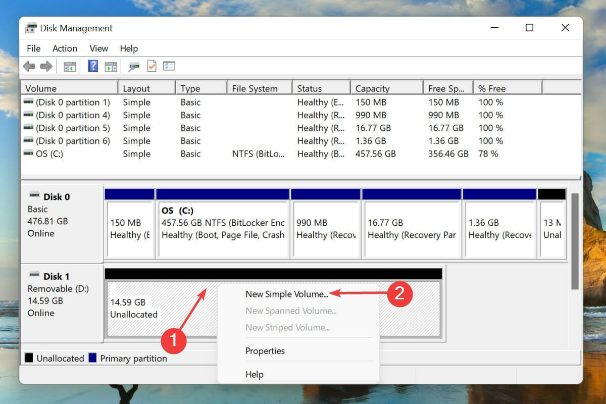 create new Volume to fix hard drive missing issue in Windows 11 