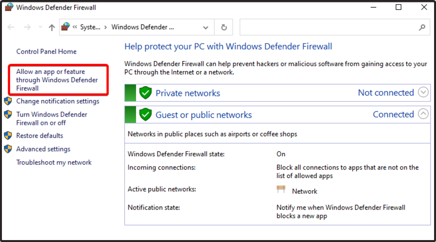 Allow an app or feature through Windows Defender Firewal