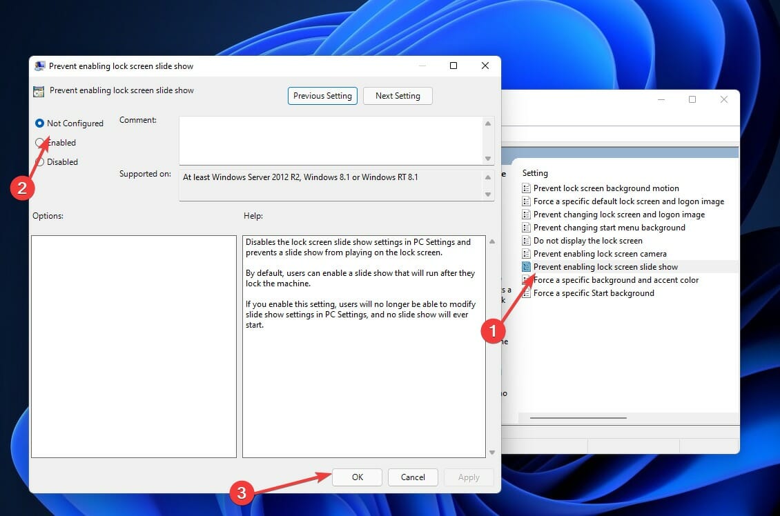 prevent enabling windows 11 lock screen slideshow not working