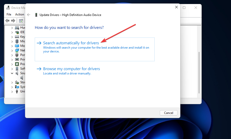 Search automatically for drivers option no output devices found windows 11