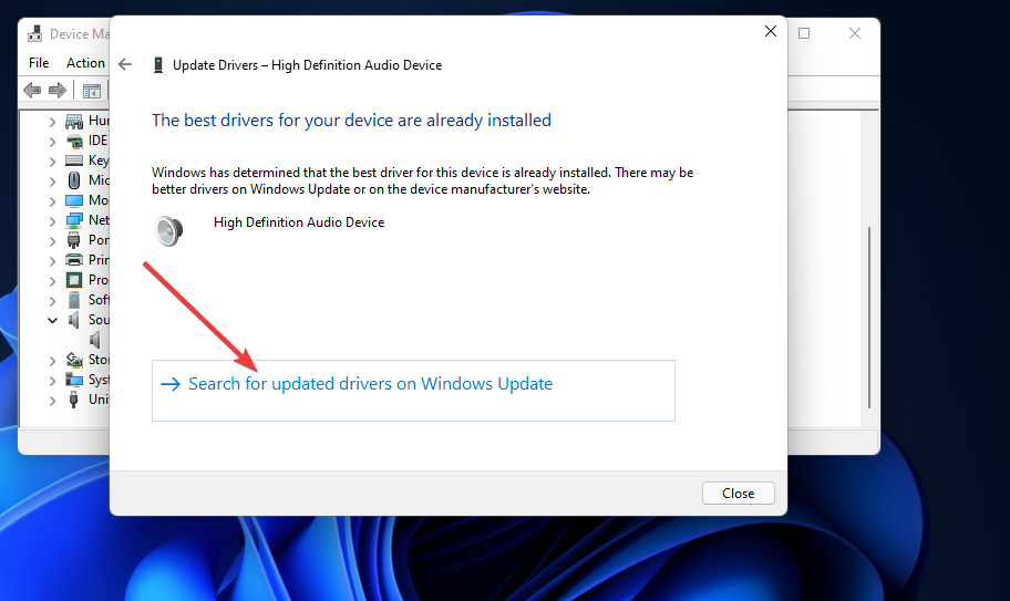Search for updated drivers on Windows Update option no output devices found windows 11