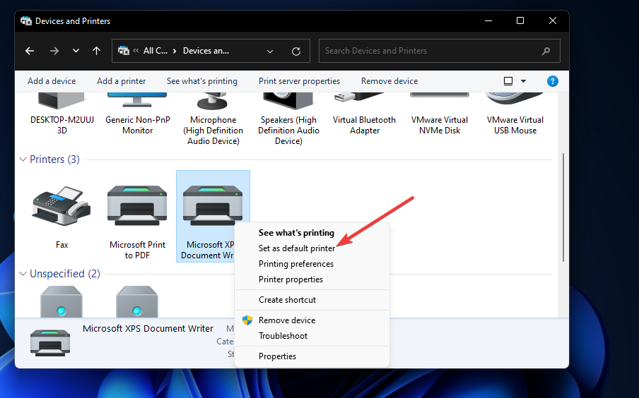 The Set as default printer option wireless printer windows 11
