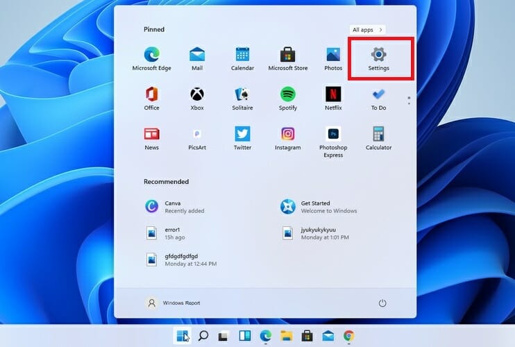 settings option in start menu