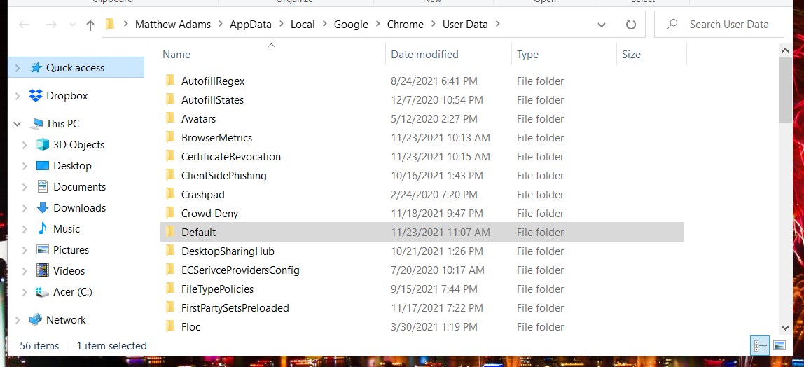 The Default folder windows 11 chrome not working