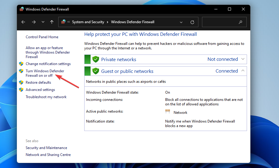 The Turn Windows Defender Firewall on or off option windows 11 vpn not working