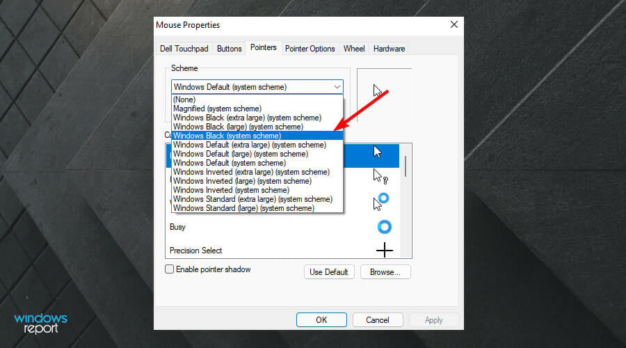 select dark cursor in windows 11