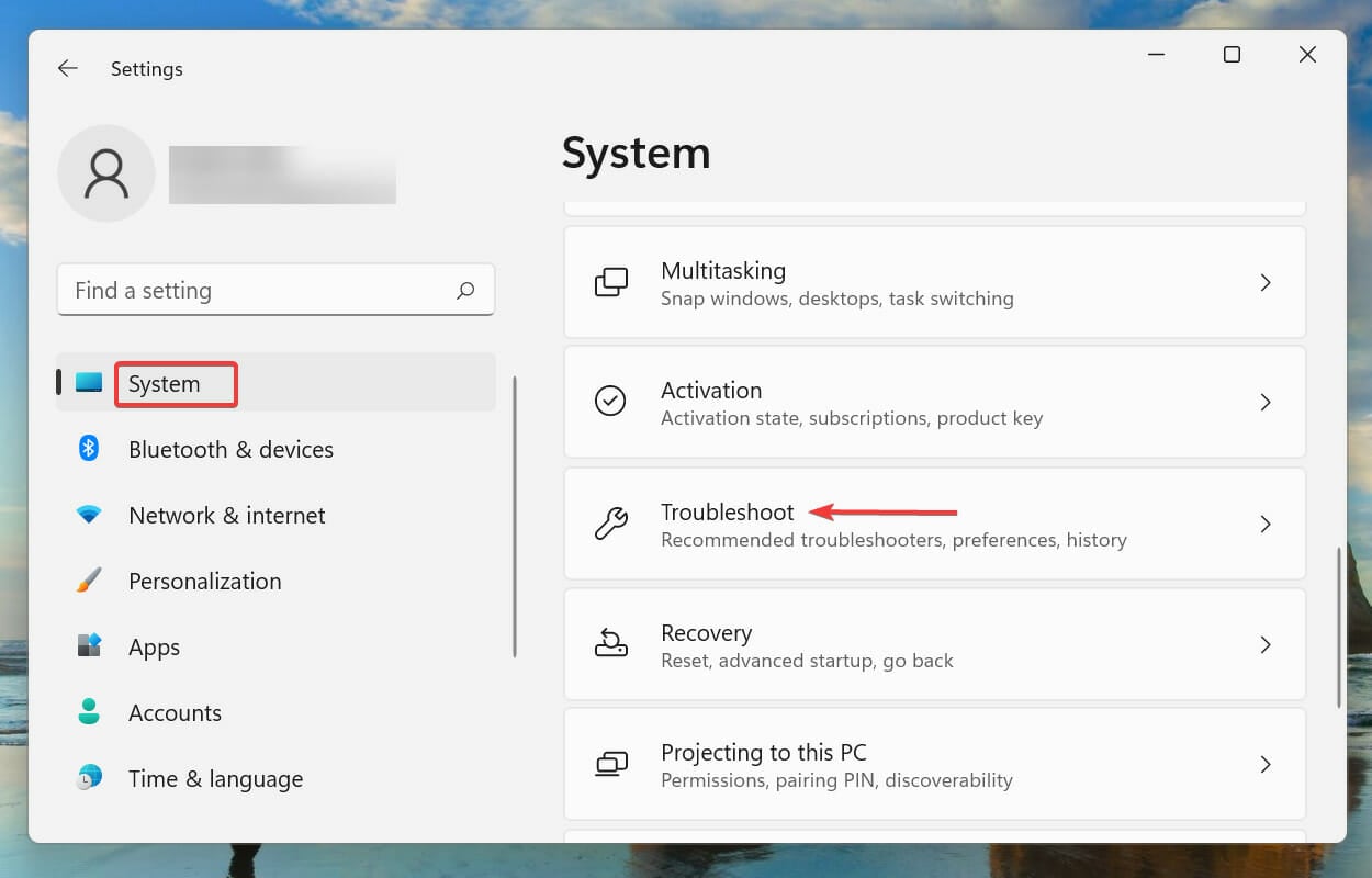 Click Troubleshoot in the System tab in Windows 11