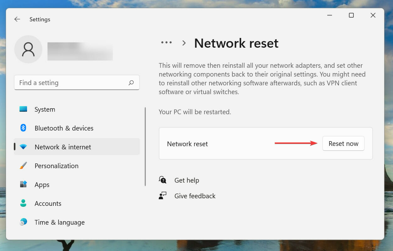 Reset Network settings to fix Windows 11 can't connect to this network