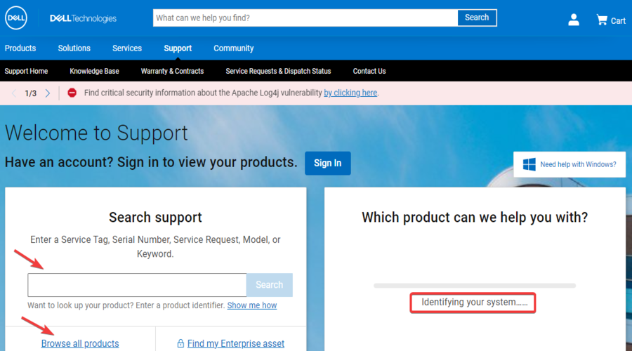 Auto-Detect Process on Dell Support Website