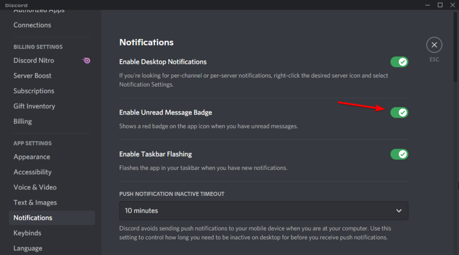 click on enable unread message notifications discord
