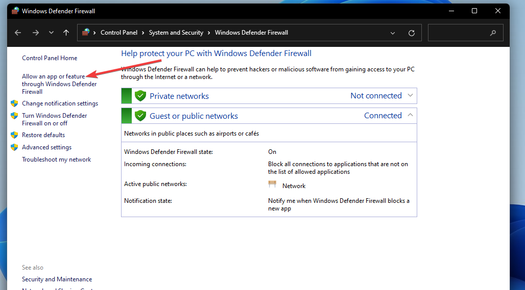 Allow an app or feature through Windows Defender Firewall option vanguard windows 11 error