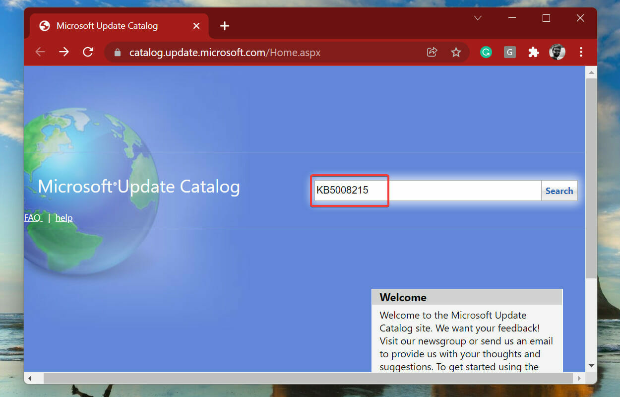 Search for update in Windows Update Catalog