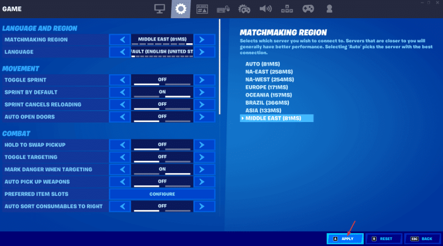 click on apply in game tab fortnite