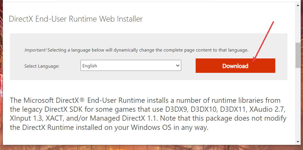 The Download button for DirectX runtime web installer msvcr110.dll missing windows 11
