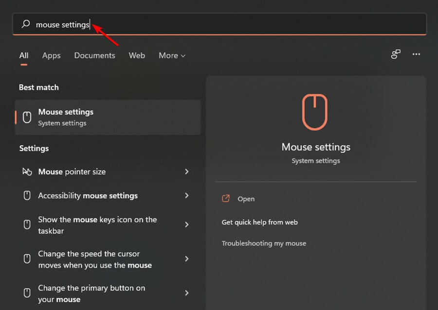 type mouse settings in windows search