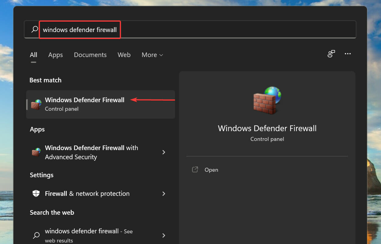 Launch Windows Defender Firewall to fix windows filtering platform has blocked a connection